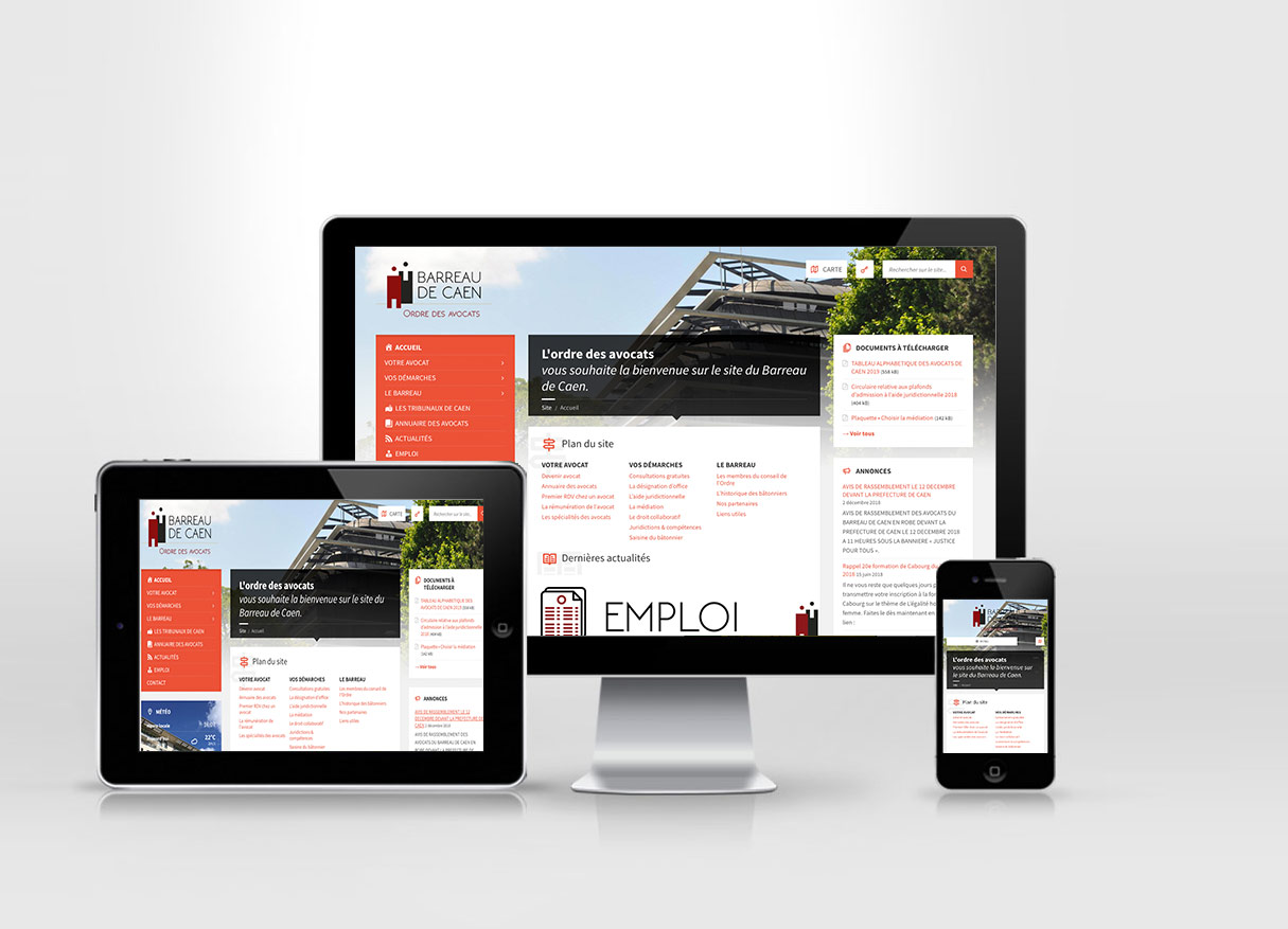 Présentation du site du Barreau de Caen sur ordinateur, tablette et téléphone